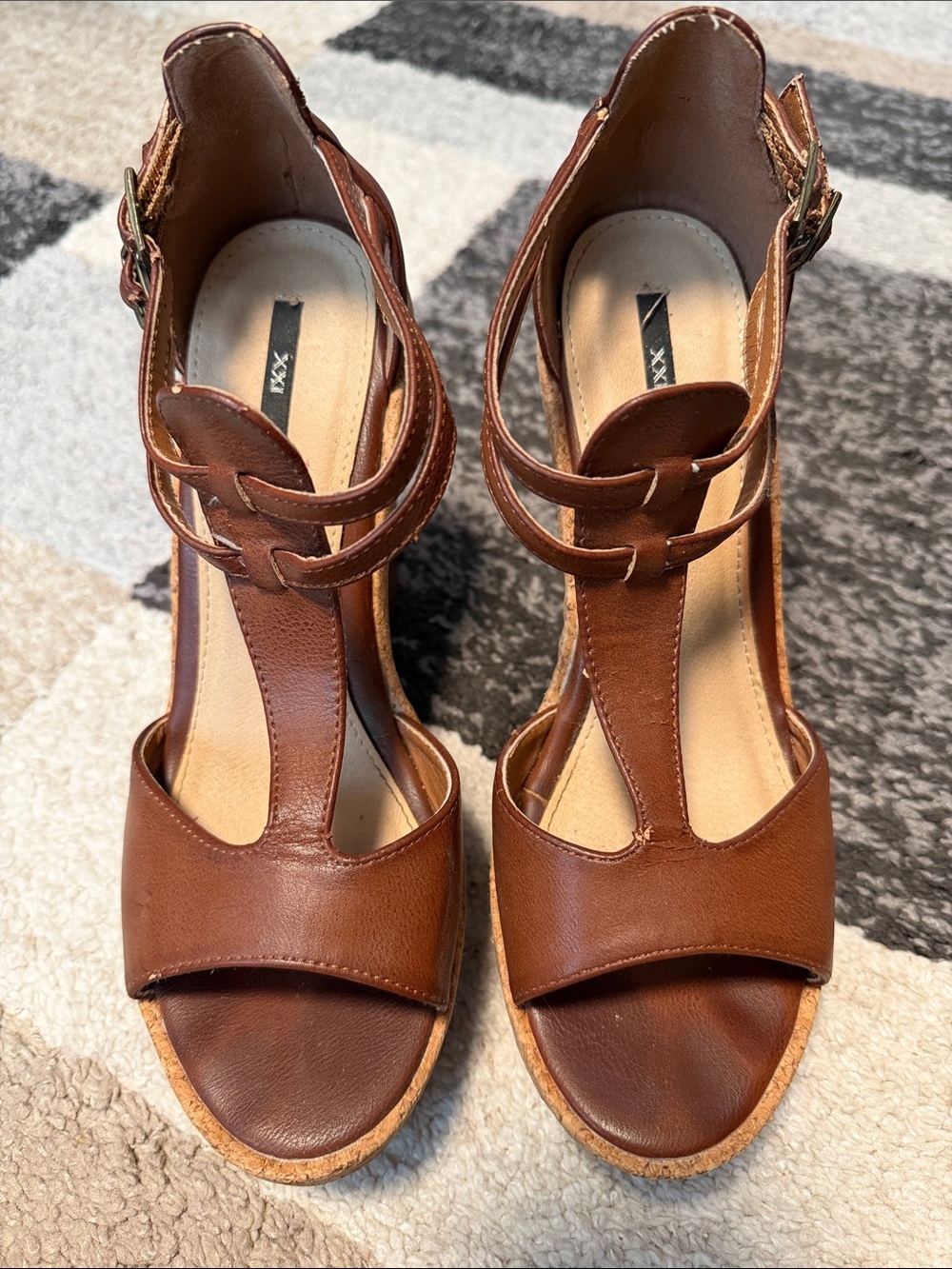 Forever 21 platform wedge sandals, brown / cork, sz 8, pre-loved condition! Y2K!